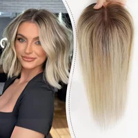 Blonde Brown Ombre Remy Human Hair Topper HairPieces for Women 150 Density Silk Base 3Clip in 12inch Hair Toppers
