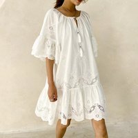 Women's Summer Skirt Temperament Commuter Solid Color Pure Cotton Loose Waist White Lace Commuter Jumper Holiday Style Dress
