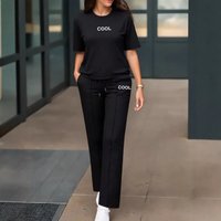 Spring Summer Two Piece Set Round Neck Short Sleeve T Shirt Unique Letter Print High Waisted Drawstring Straight Leg Pants