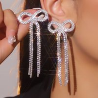 Direct Sales Popular Bow Long Tassel Earrings Fashionable Shiny Rhinestone Earrings