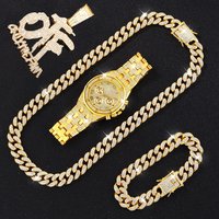 Diamond Encrusted Watch Set Hip Hop Quartz Bracelet Necklace Pendant Iced Out Jewelry
