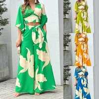  V Neck Lantern Sleeve Top & High Waisted Wide Leg Pants Set – Spring Elegant Casual Outfit Polyester Printed Workwear