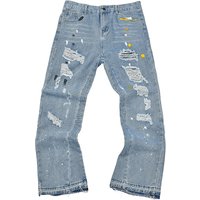 Vintage Washed Distressed Splatter Paint Hip Hop Straight Leg Jeans & – Cotton Denim Artistic Design
