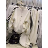 Sporty Casual Striped Stand Up Collar Baseball Jacket & Slimming Drawstring Wide Leg Pants Two Piece Set Warm Double Sided Fleece Spring Autumn