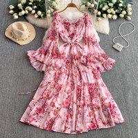 Elegant Floral Print Chiffon Dress With V-neck & Bell Sleeves – Boho Summer Dress For Women In Soft Pastel Colors (One Size Fits Most)