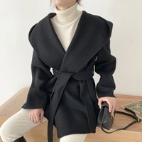 Women's Clothing Hooded Pocket Elegant French-Style Hooded Belted Wool Coat With Pockets – Slim Fit Long Sleeve Outerwear In Camel, Black & Oatmeal