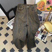 Clothing Retro High Street Leopard Print Wide Leg Jeans Loose Straight Casual Trousers Trendy Brand Street Design