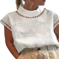 Women's Clothing Solid Color Hollow Tops Casual High Collar Linen Lace Breathable Shirt