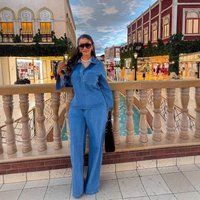 Clothing Denim Suits Long Sleeved Lapel Pocket Tops Lace Up Straight Trousers Two Piece Suits