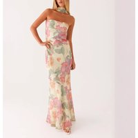 Spring Summer Elegant Satin Backless Tube Dress Digital Floral Print Chiffon Fabric High Waist Long Length