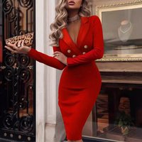 Clothing Autumn Winter Solid V Neck Double Breasted Suit Bodycon Dress