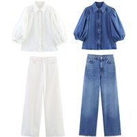 Clothing European American Style Collared Mid Sleeve Shirt Denim Pants Suit Set Long Sleeve Formal & Casual