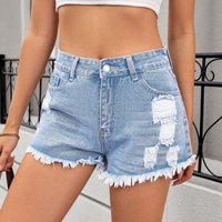 Women's Distressed Denim Shorts - Vintage Washed High Waist Ripped Hot Pants Trendy Casual Stretch Denim Shorts