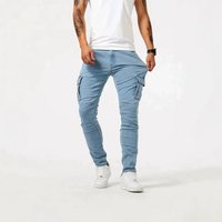 Slim Fit Tapered Leg Jeans Street Style Cool Workwear Large Side Pockets Washed Denim