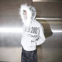 Retro Hooded Sweatshirt Faux Fur Trim Y2K Streetwear Style Loose Fit Warm & Stylish Pullover