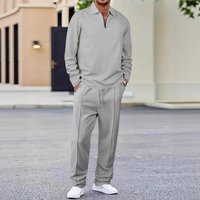 Autumn Waffle Solid Lapel Half Zip Long Sleeve Polo Shirt Trousers Casual Suit