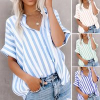 Women’s Clothing Casual Commuter Printed Striped Contrast Color Short Sleeved Cardigan Shirt Tops