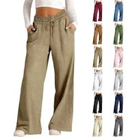 Summer Casual Belted Beach Vacation Pants Loose Fitting Pockets European American Style Fashion Polyester