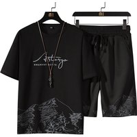 Short Sleeved T Shirt Suit Mountain Print Fashion Trend Slim Fit Large Sports Two Piece Set