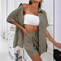 two piece solid shirt suit casual loose short sleeved single breasted