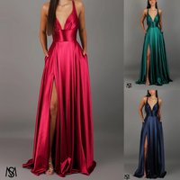 Sexy V-Neck Satin Slip Dress – Elegant Evening Gown With High Waist & Side Slit (S-XL, Polyester, Deep V-Cut, A-Line, Party & Cocktail Dress)