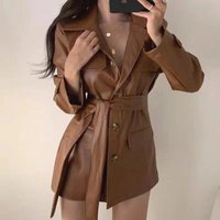 Women's retro handsome dark brown pu leather jacket lace-up mid-length motorcycle leather jacket for women