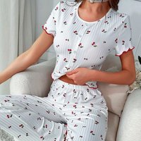 Pajamas Short sleeved Trousers Set Loungewear Cherry Pattern Fungus Edge Front Button