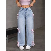 K Street Hot Bow Jeans Loose Straight Leg Wide Leg Pants