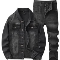 Gray Block Denim Suit American Style Loose Fit Denim Jacket Straight Leg Jeans Two Piece Set