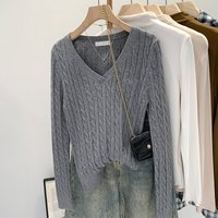 V Neck Cable Knit Sweater – Oversized Long Sleeve Cotton Blend Effortless Korean Inspired Layering Piece