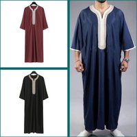 Men's Clothing New Arab Robe Short Sleeve Embroidery Navy Blue Men's Muslim Robe