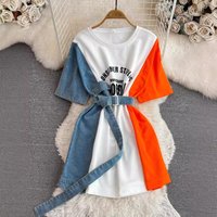Clothing Denim print splicing t shirt dress design round neck waist slimming line dress