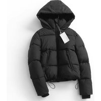 Women's Puffy Bomber Jacket With Hood - Winter Warm Cozy Oversized Cotton Coat In Black & Beige | XS/S/M/L