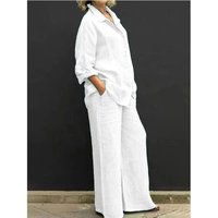 Autumn Linen Lapel Shirt Two Pieces Set Vintage Solid Long Sleeve Button Blouse Loose Straight Pants Casual