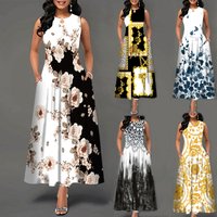Cross Border European American Round Neck Sleeveless Vest Printed Pockets Waist Cinching Plus Long