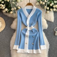 Petite V Neck Block Knit Dress – Double Breasted Waist Defining Midi Dress Autumn Elegant Office & Date Night Pullover
