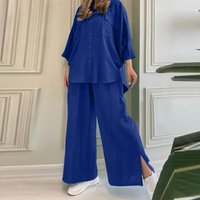 Clothing fashion casual loose solid cotton linen shirt long sleeved pants suit two piece set