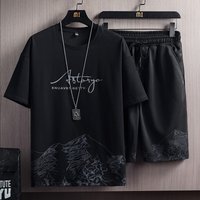 Short Sleeved T Shirt Suit Snow Mountain Print Slim Fit Large Sports Two Piece Set
