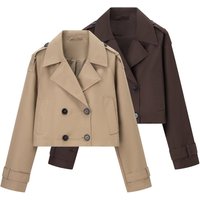 "Trendy Oversized Short Trench Coat For Women – Lightweight Polyester Blend, Casual Chic With Belted Waist & Double Breasted Design"