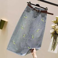 Embroidered Denim Midi Skirt Rhinestones High Waist Line Slimming Pencil Skirt Side Slit Elegant Casual Floral Design