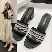 2024 Summer Korean Edition Versatile Fashionable Thick Heel Slippers Wearing Embroidered Letters on