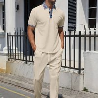Clothing Summer Two Piece Suit Waffle Print Collar Short Sleeved Trousers Casual Suit