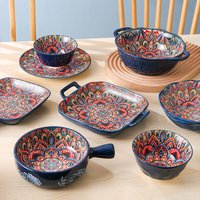 Bohemian Ceramic Dinnerware Set Hand Painted Stone Pattern Bowls & Plates Vintage Wave Design Home Dining