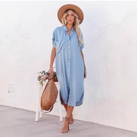 Fashionable Solid Denim Short Sleeved Dress Mid To Long Slit Lined Dress