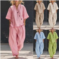 Clothing Fashion Two Piece Set Style V Neck Loose Short Sleeve Top High Waisted Trousers Solid Casual