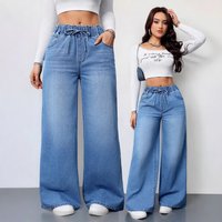 High Waisted Wide Leg Jeans Stretch Free Cotton Denim Pants Adjustable Drawstring
