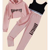 3 Piece Set Denim Skirt Hooded Sweatshirt Vest Trendy Letter Print Fall Winter Clothing Sweet Casual Sports Style