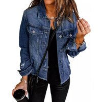 Clothing Distressed Denim Jacket Vintage Washed Short Cropped Jean Coat Lapel Collar & Long Sleeves