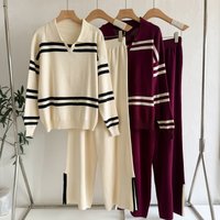  Casual Striped Knit Sweater Set – Contrast Lapel Loose Fit 