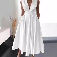 Clothing Summer Sleeveless Waist Pocket Large Swing Medium Length Solid Dress